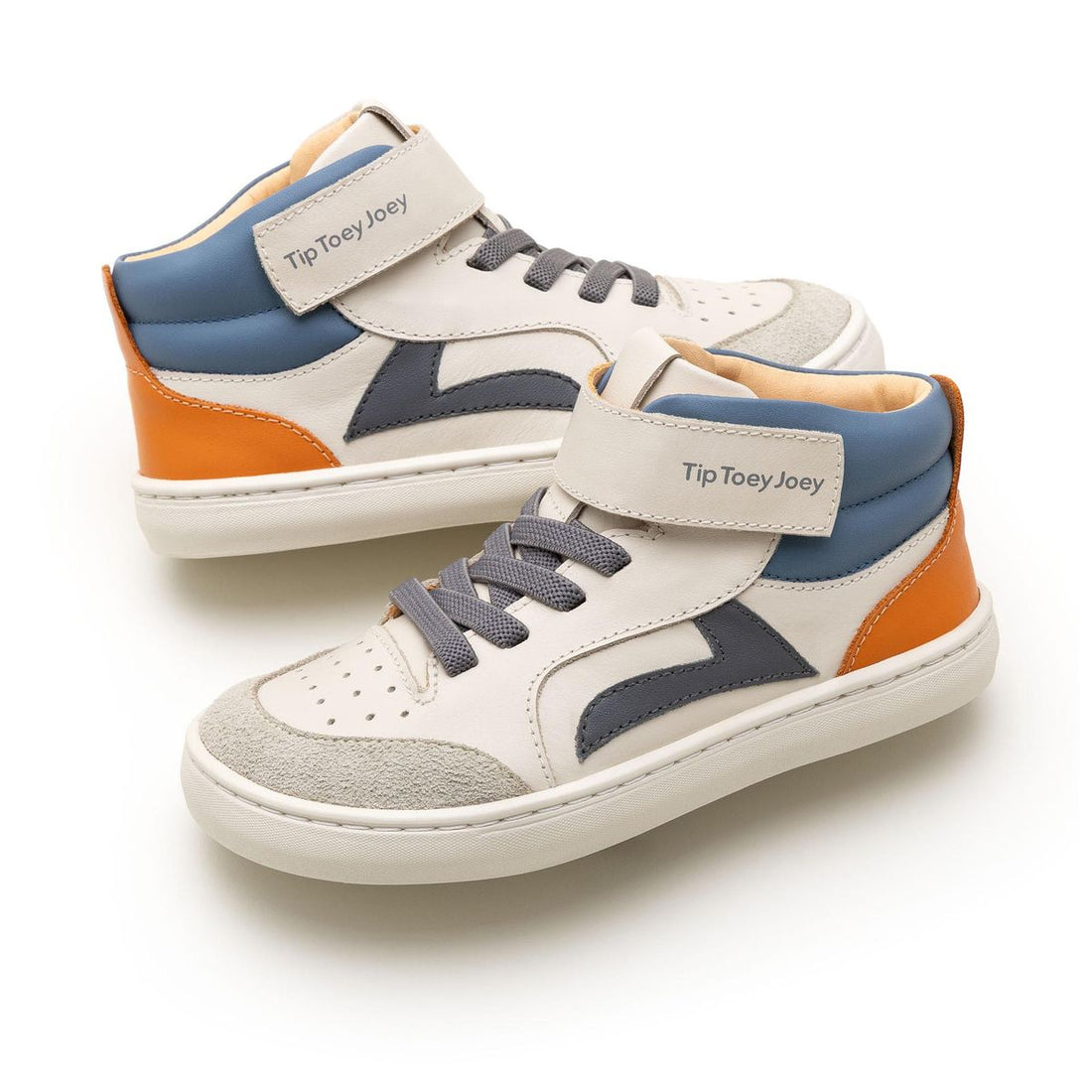Tip Toey Joey Landy high-top first walker sneakers in Tapioca, Slate Blue and Tangerine